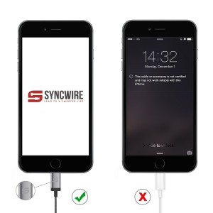 Syncwire Nylon Lightning zu USB Kabel. Das Kabel ist Apple MFi zertifiziert