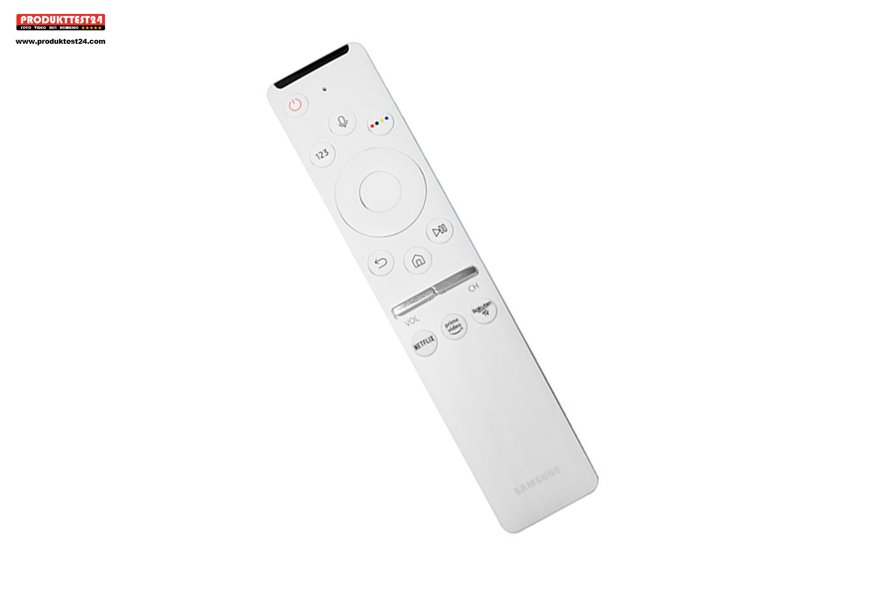 Eine weiße Smart Remote Fernbedienung mit Mikrofon und Tasten Für Amazon Prime Video und Netflix