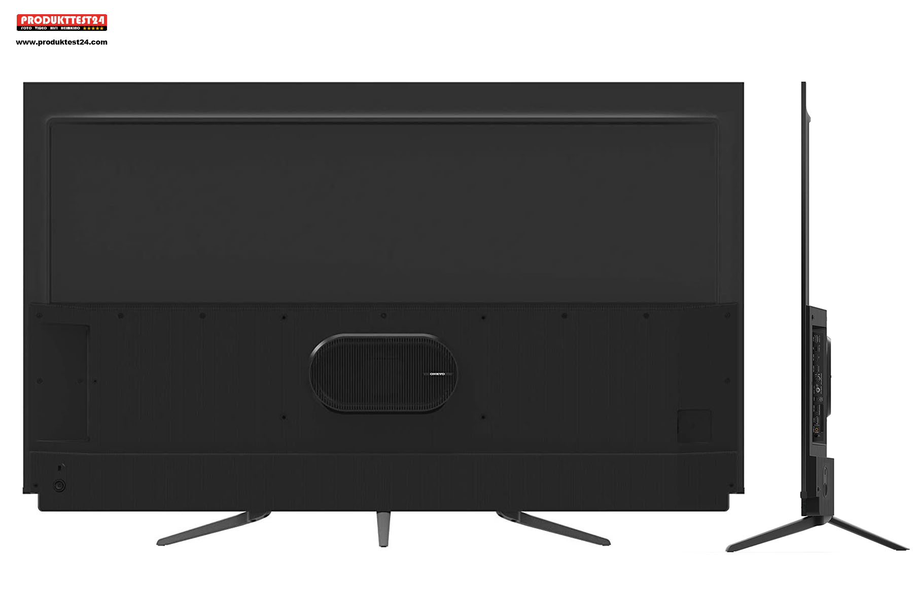 Die Rückseite des TCL 55C815 mit dem zentralen ONKYO Subwoofer