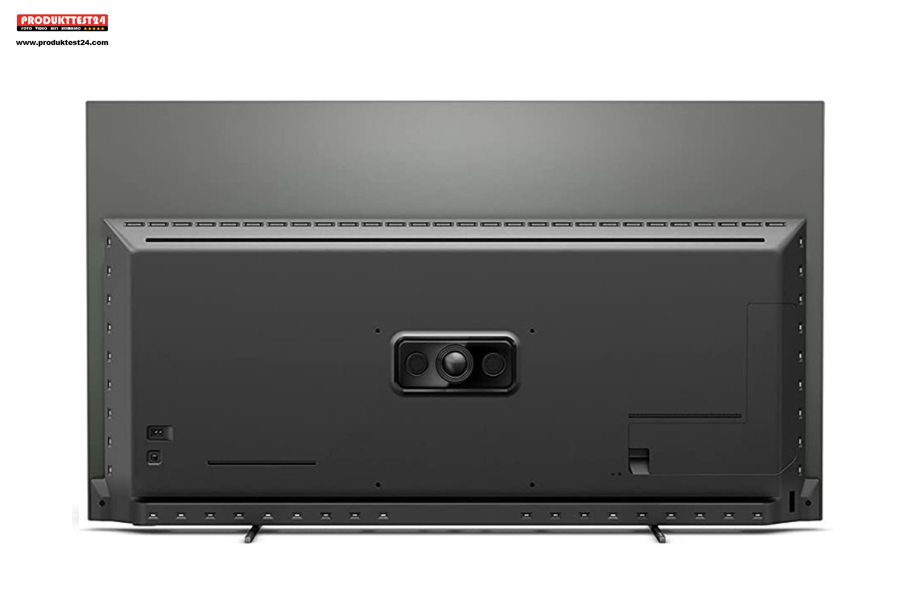 Auf der Rückseite ist der zentrale Subwoofer sowie das 4-seitige Ambilight zu sehen