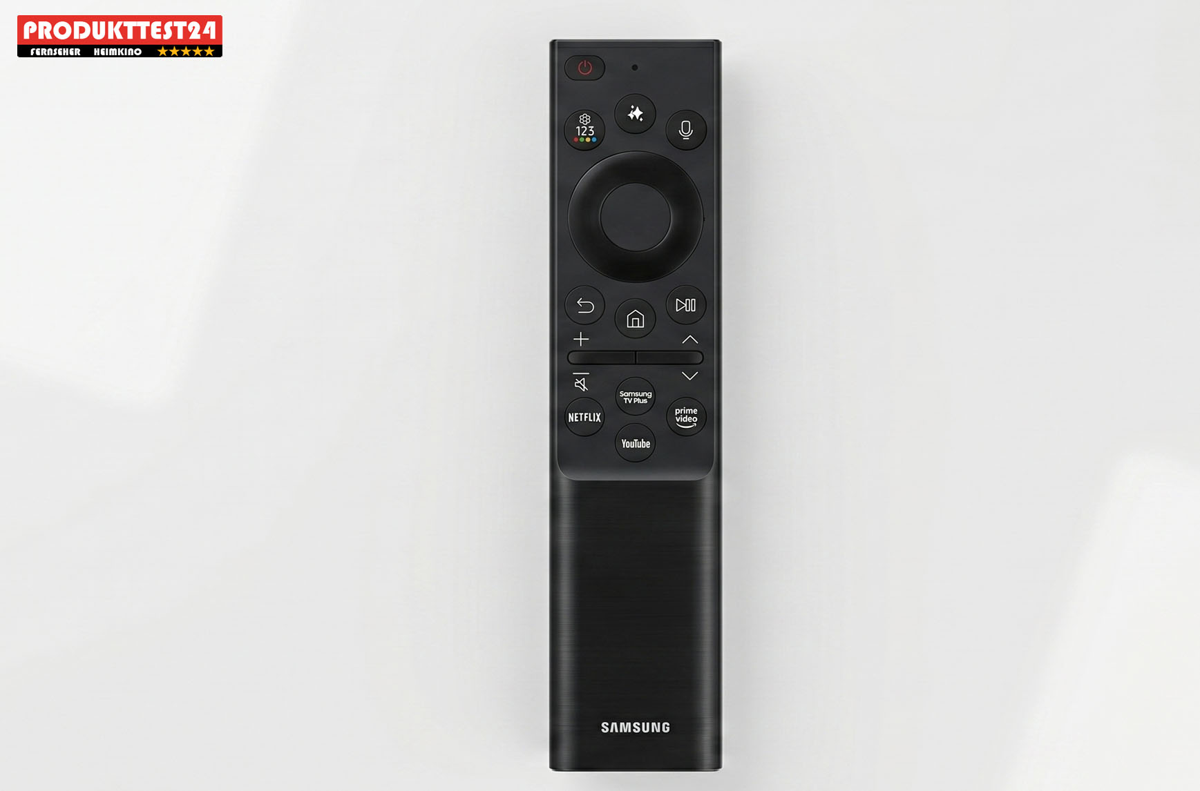 Übersichtliche Fernbedienung: Die kompakte Steuereinheit bietet Direkttasten für die beliebtesten Streaming-Dienste wie Netflix, Prime Video und YouTube.